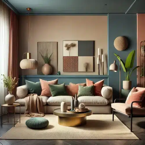 A design inspired room with green and terracotta coloured walls and decor.