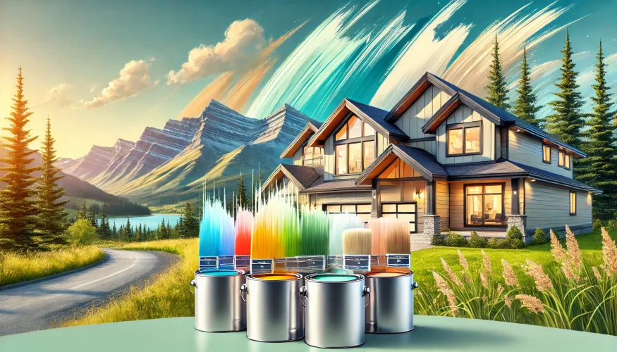 A modern house exterior with a vibrant, freshly painted finish, set against an Alberta landscape featuring lush greenery, clear skies, and scenic mountains, showcasing professional painting quality ideal for Calgary and Airdrie homeowners.