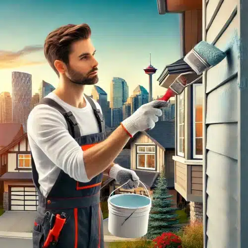 A professional house painter in Calgary painting the exterior of a modern home. The painter is wearing a uniform and using high-quality equipment.